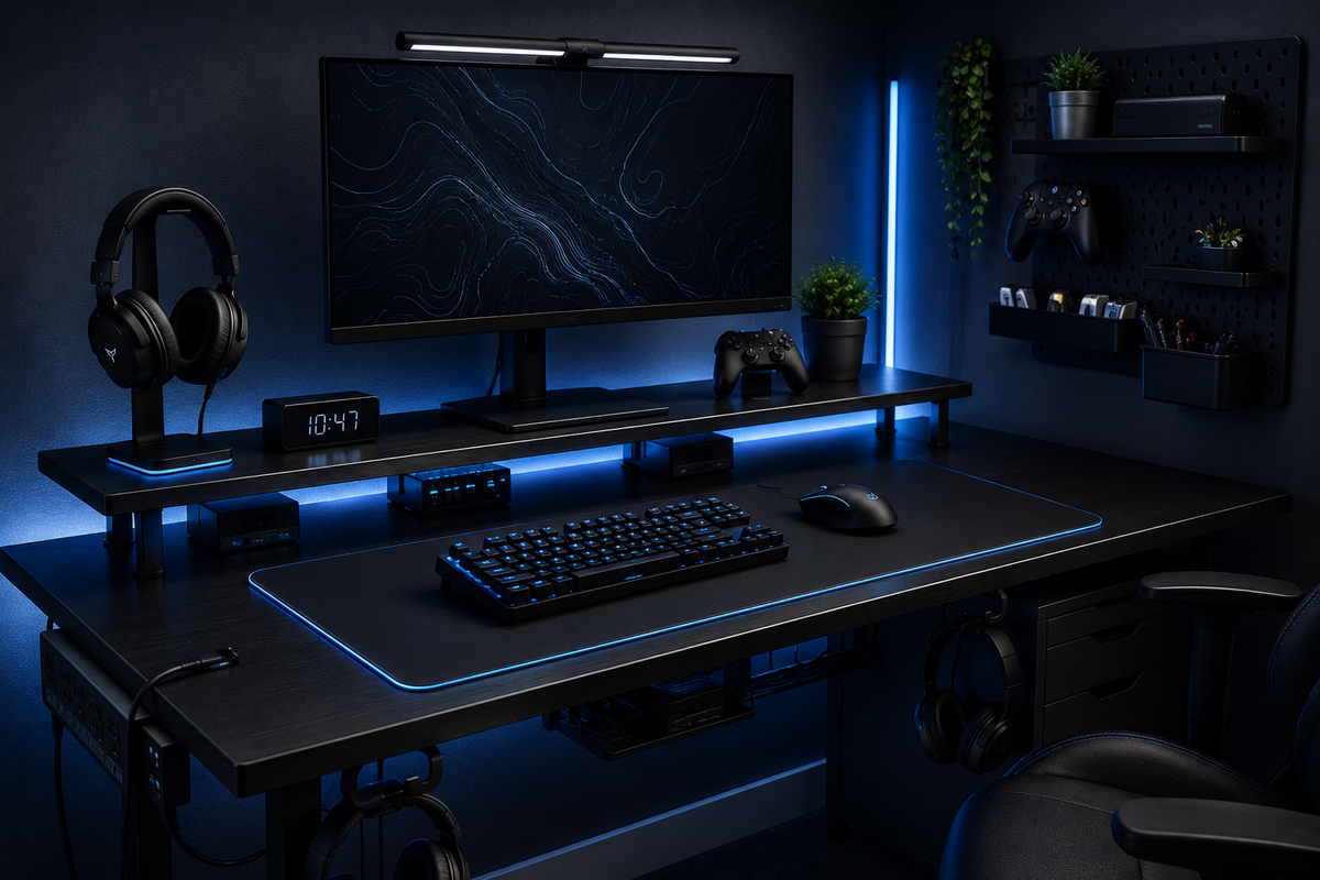 Desk Upgrades gaming setup with blue LED lighting, ultrawide monitor, headset, controller, keyboard, mouse, and organized desk accessories.