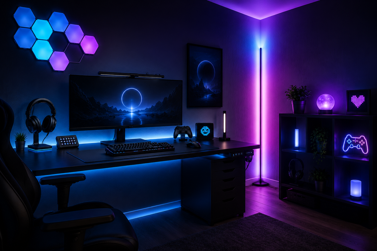 Lighting & Atmosphere gaming setup with blue and purple RGB wall panels, corner floor lamp, ambient desk lighting, neon decor, and illuminated shelving.