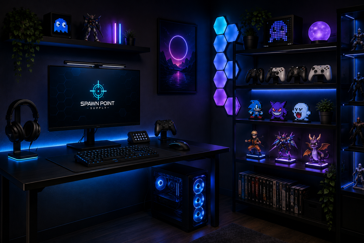 Decor & Display gaming setup with blue and purple lighting, controller displays, pixel art, collectibles, illuminated shelving, and gaming decor.