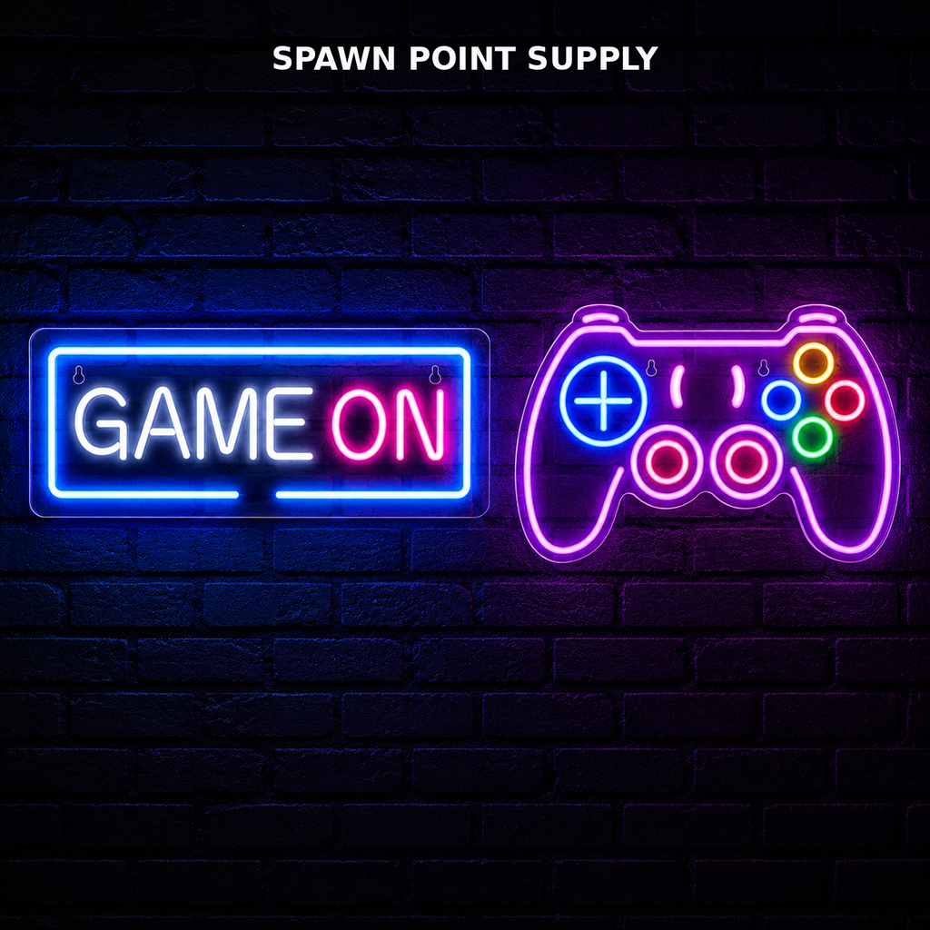 2-pack LED gaming neon signs Game On and controller shape glowing on dark brick wall