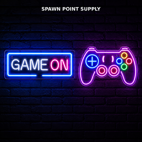 2-pack LED gaming neon signs Game On and controller shape glowing on dark brick wall
