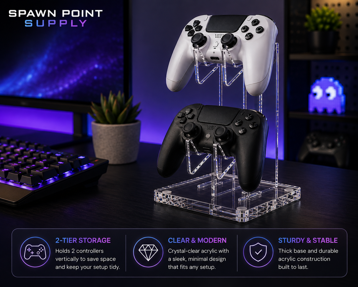 2-tier clear acrylic game controller display stand holding white PS5 and black PS4 controller on gaming desk