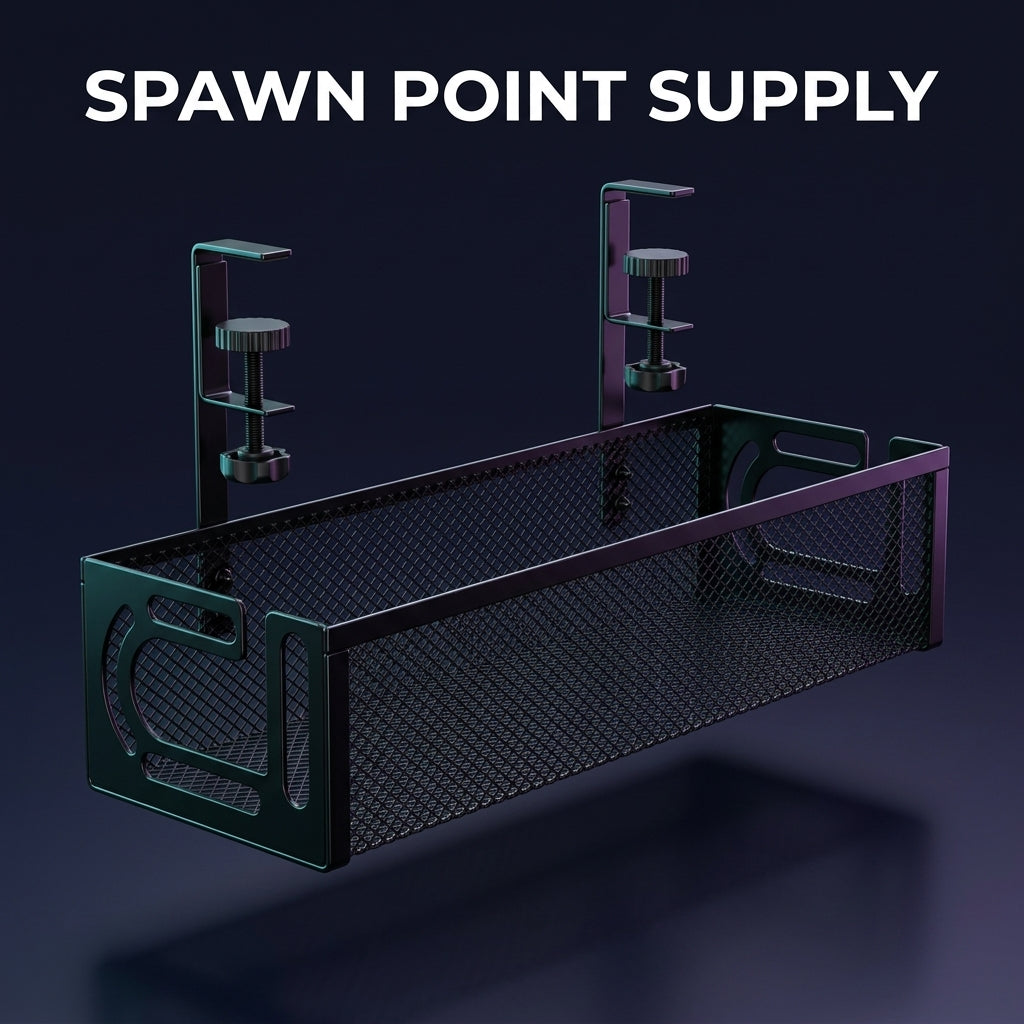 Black under-desk cable management tray with dual C-clamps shown isolated on dark background
