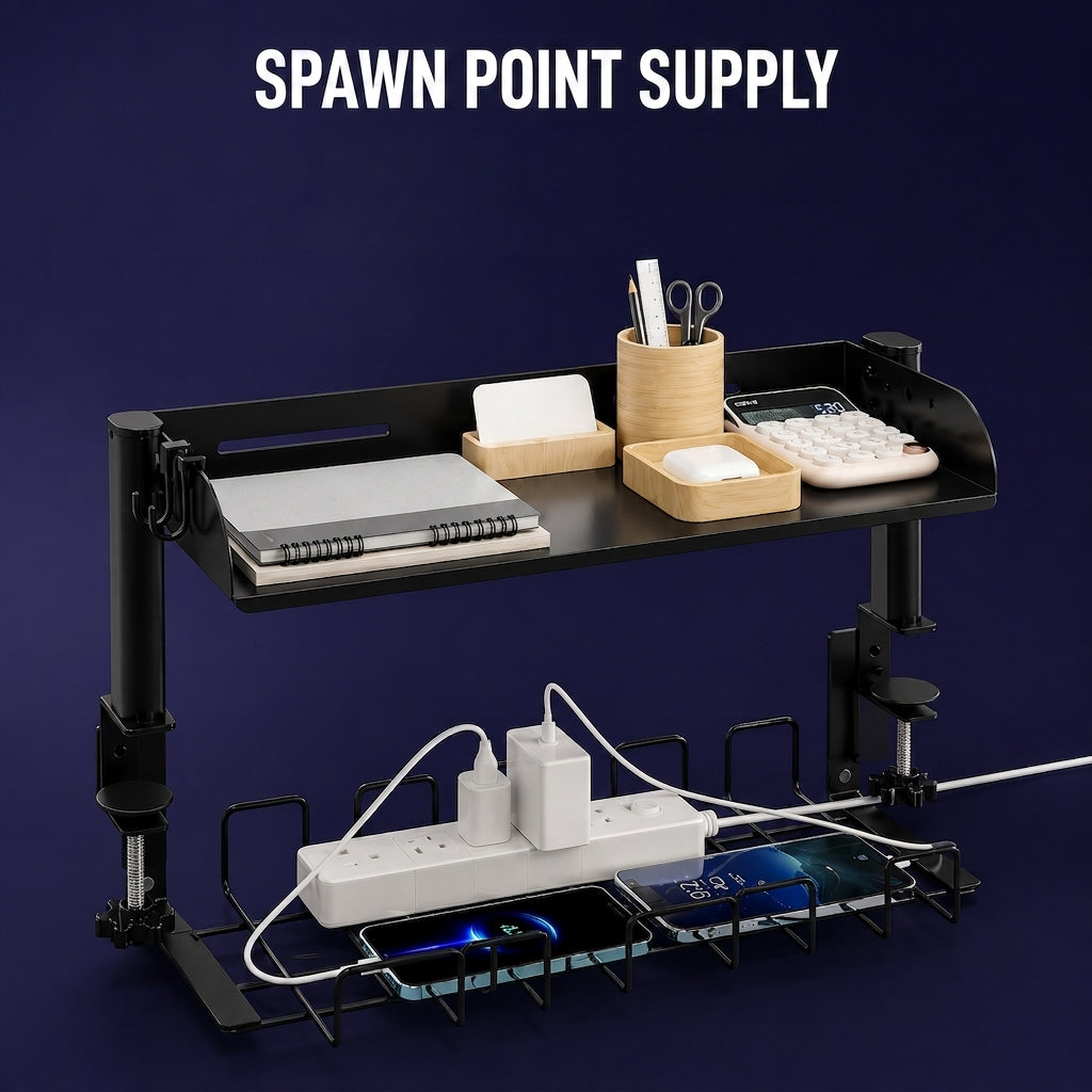 2-tier black clamp-on desk shelf mounted on white gaming desk with under-desk cable tray holding power strip in purple-lit gaming room