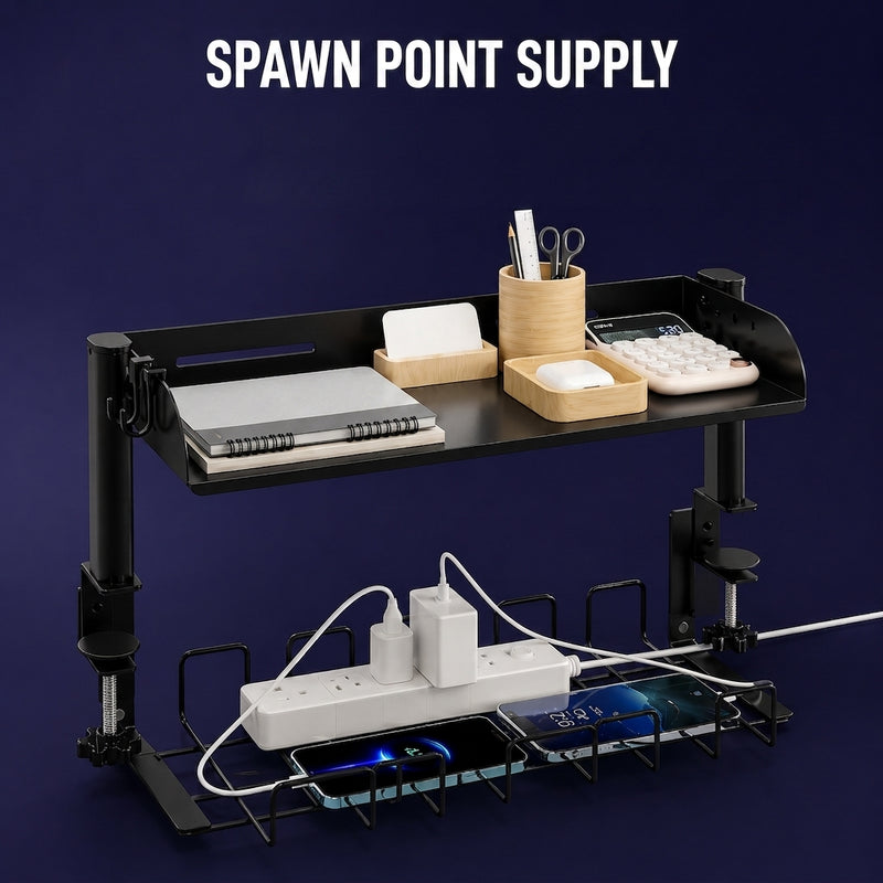 2-tier black clamp-on desk shelf mounted on white gaming desk with under-desk cable tray holding power strip in purple-lit gaming room