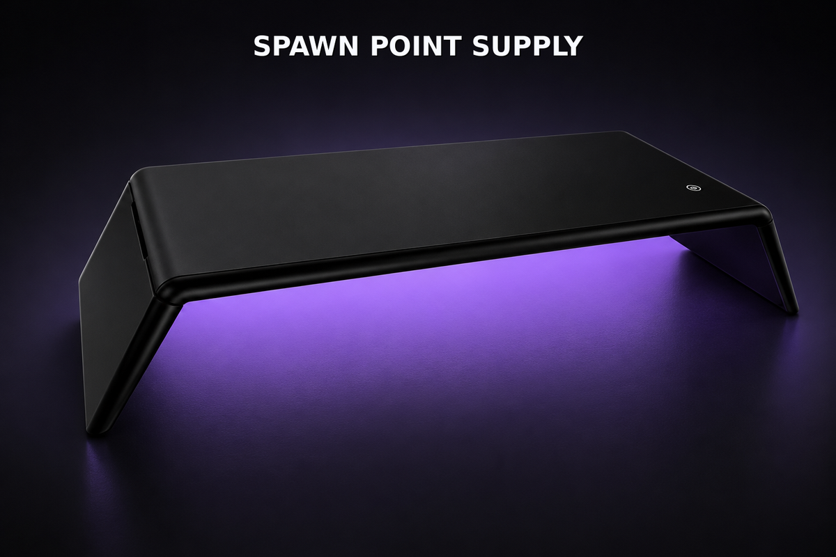 Black 20-inch folding monitor riser with purple UV light glowing underneath on dark surface