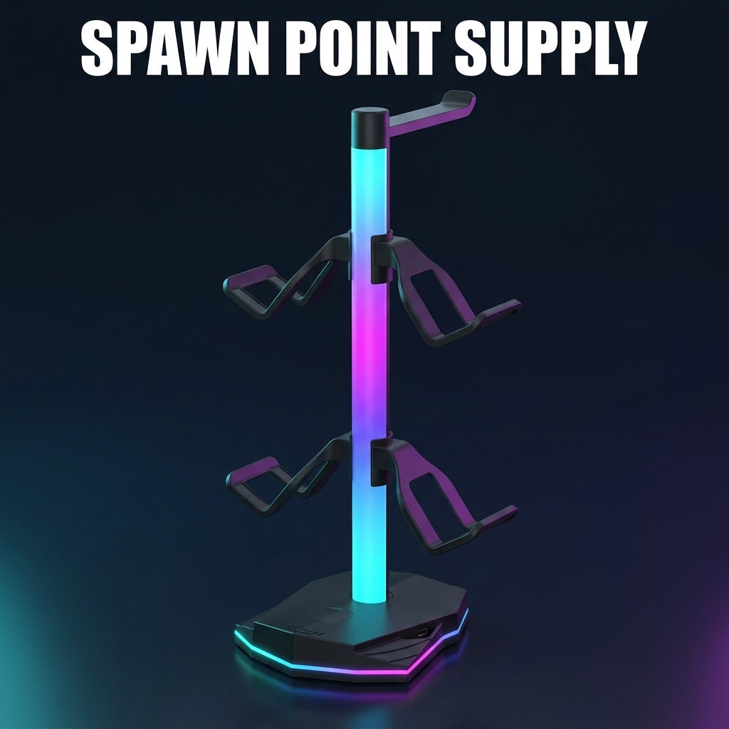 Black RGB headset and controller stand with rainbow gradient column lighting and RGB base glow isolated on dark background