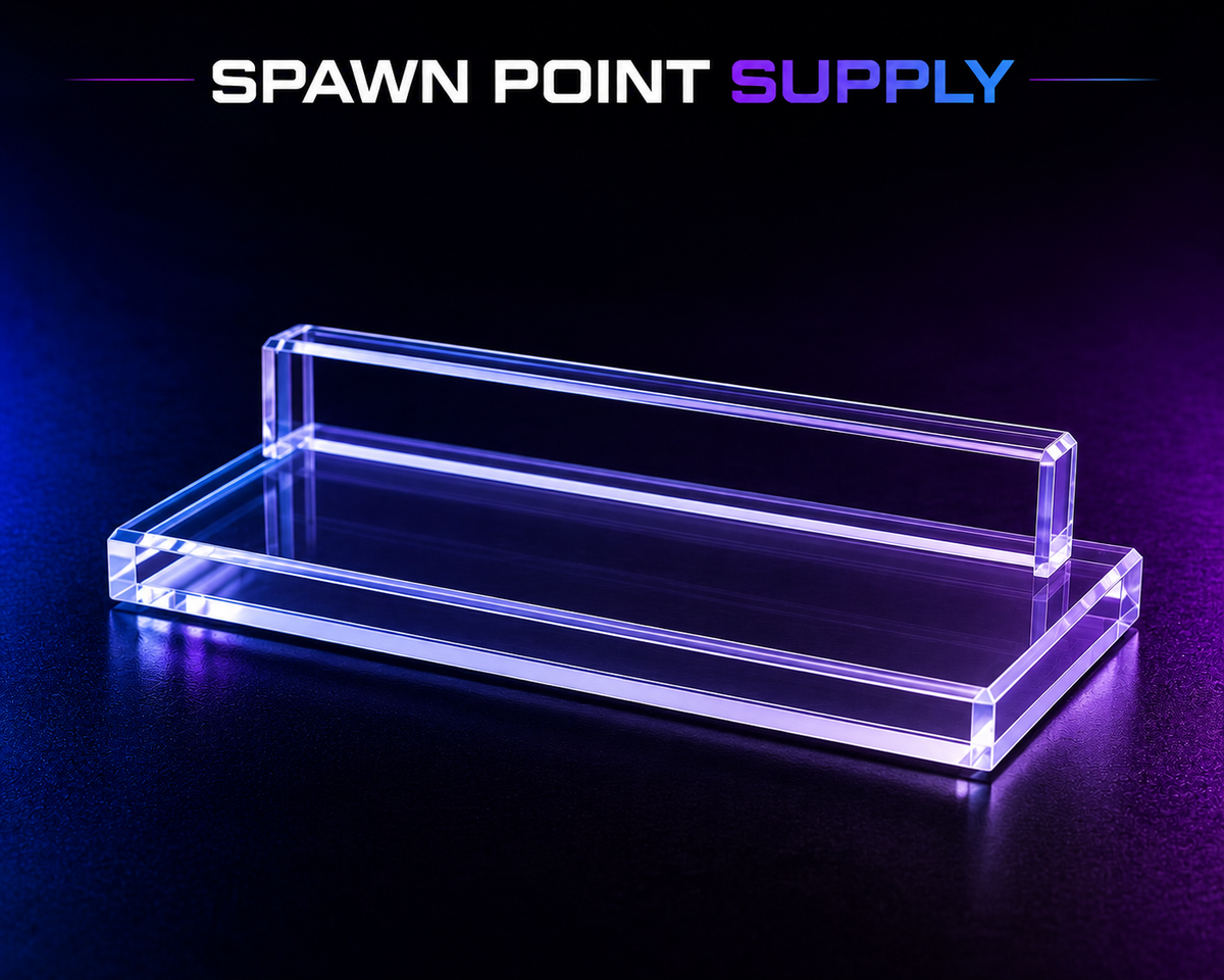 Clear acrylic SNES and SFC game cartridge display stand on dark surface with purple lighting