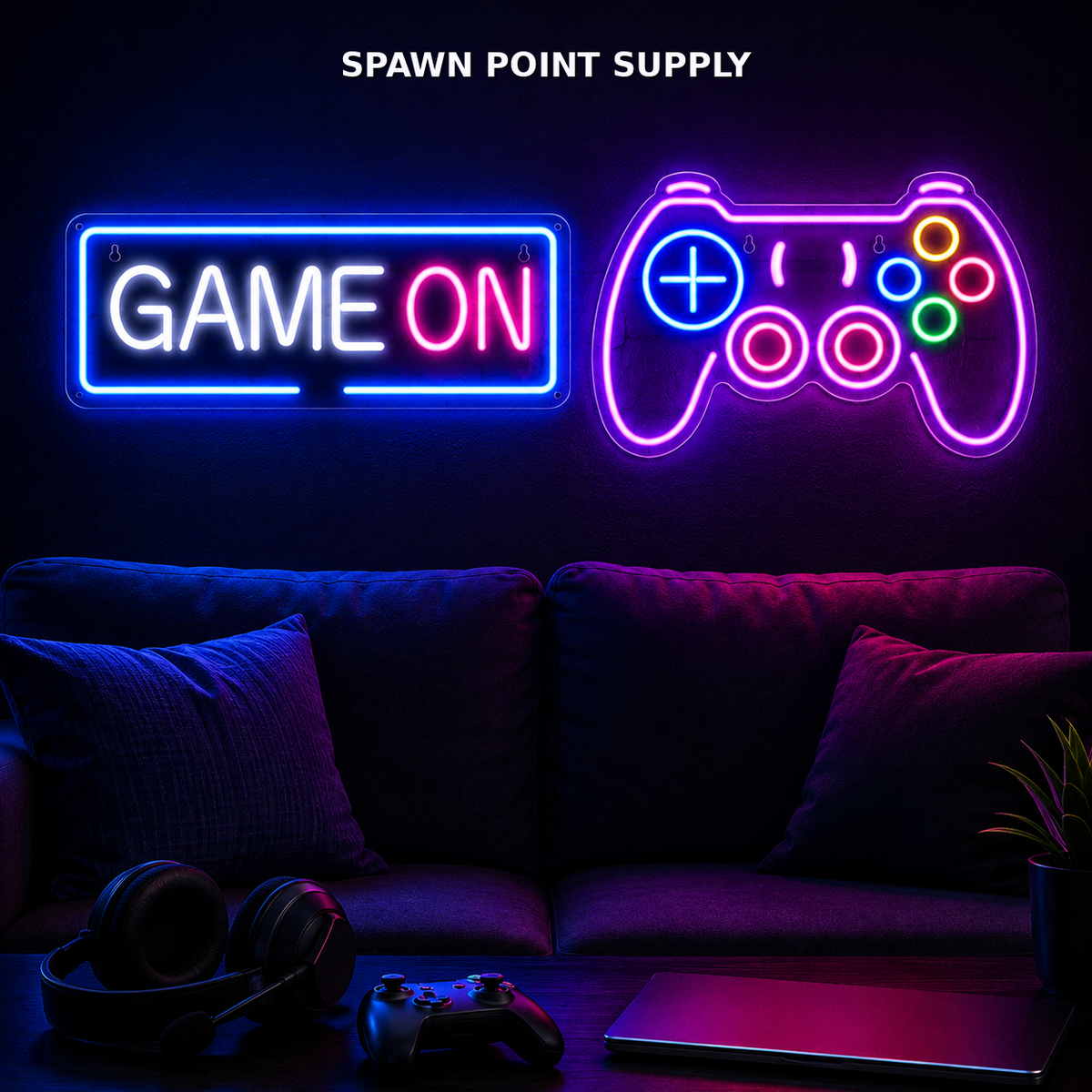 2-pack LED gaming neon signs mounted above couch in dark gaming room with controller and headphones