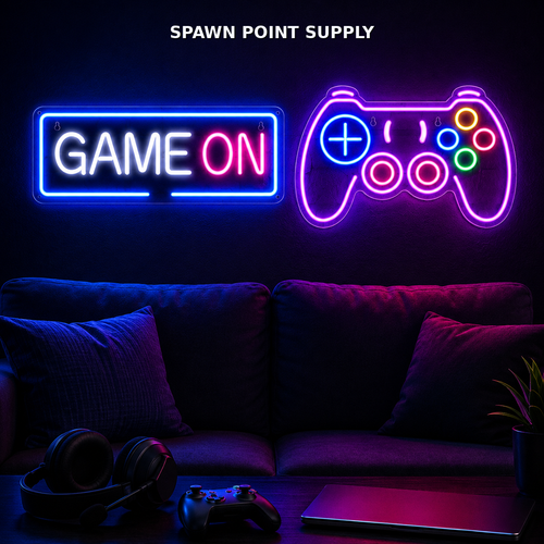 2-pack LED gaming neon signs mounted above couch in dark gaming room with controller and headphones