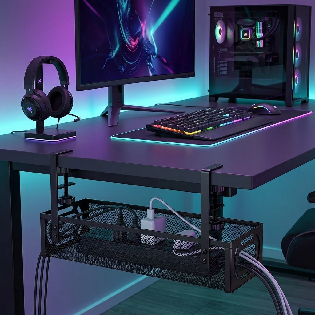 Black under-desk cable management tray installed under gaming desk holding power strip and cables in teal RGB lit gaming room