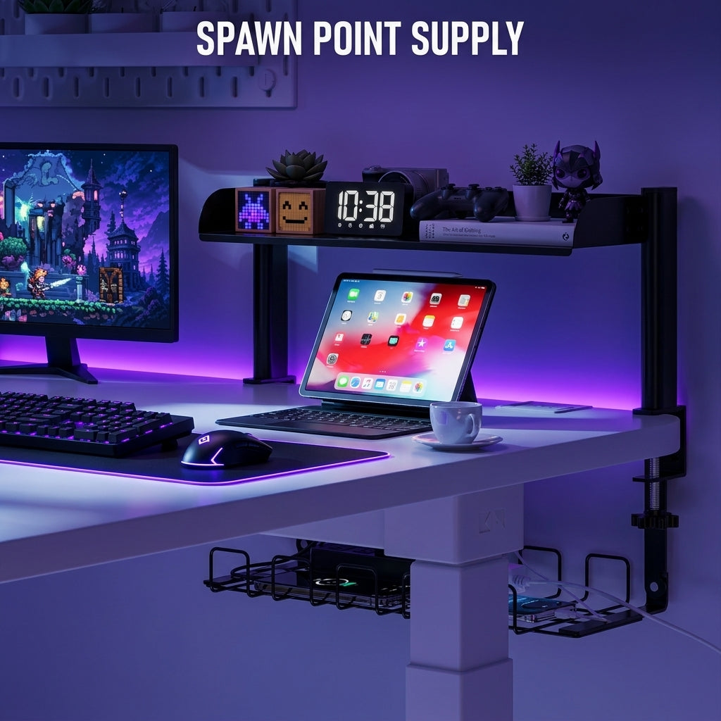 2-tier black clamp-on shelf holding notebooks organizers and accessories on top tier with power strip and cables stored in under-desk wire tray