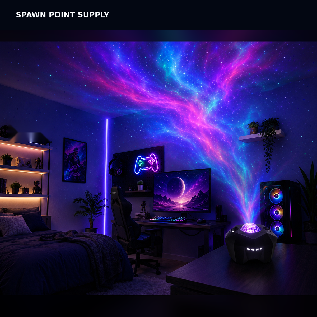 Galaxy projector projecting nebula scenes and stars across gaming room ceiling