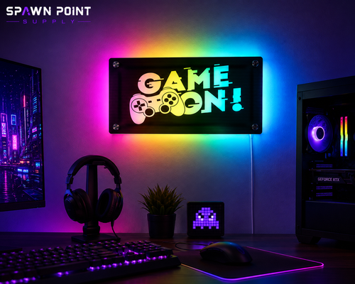 Game On RGBIC LED light box mounted above gaming desk with headphones keyboard mouse and RGB PC tower