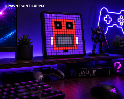 16x16 LED pixel display showing red pixel art face on gaming shelf with controller figurine neon sign and RGB lighting