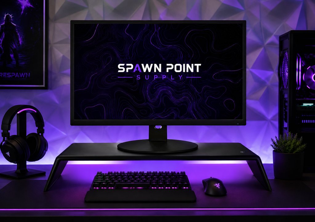 20-inch monitor riser supporting wide gaming monitor on purple-lit gaming desk with Razer keyboard mouse and headphones