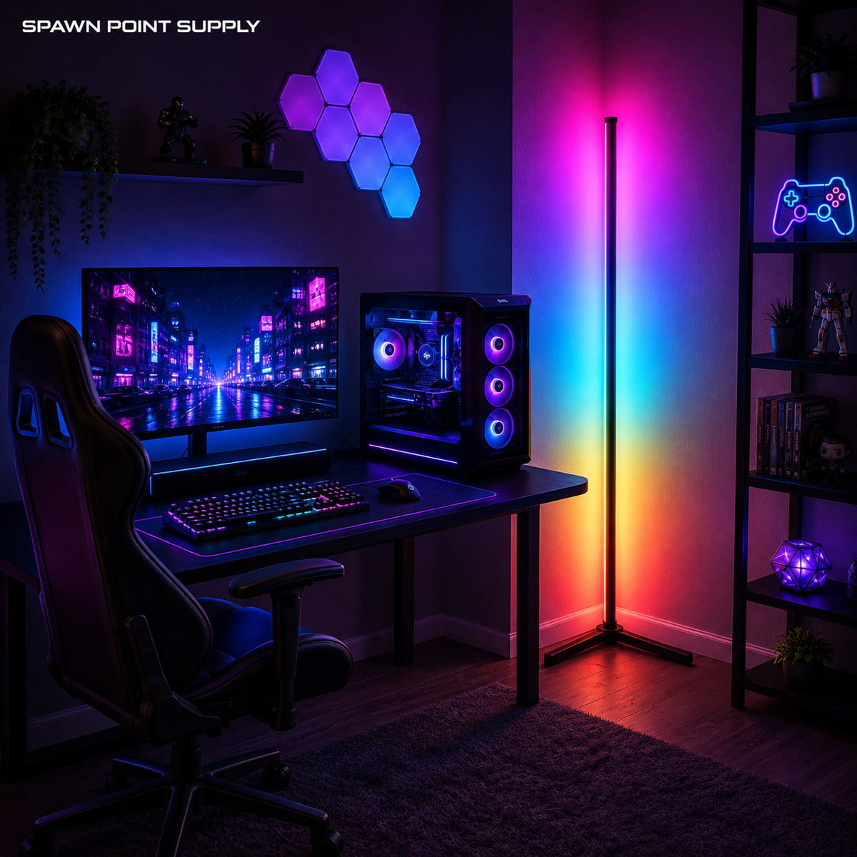 RGB corner floor lamp in gaming room setup with desk monitor and RGB lighting