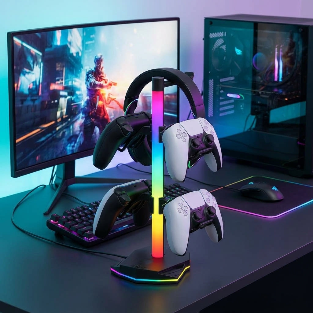 RGB headset and controller stand on gaming desk holding black headset and three white PS5 controllers with rainbow RGB column and base lighting