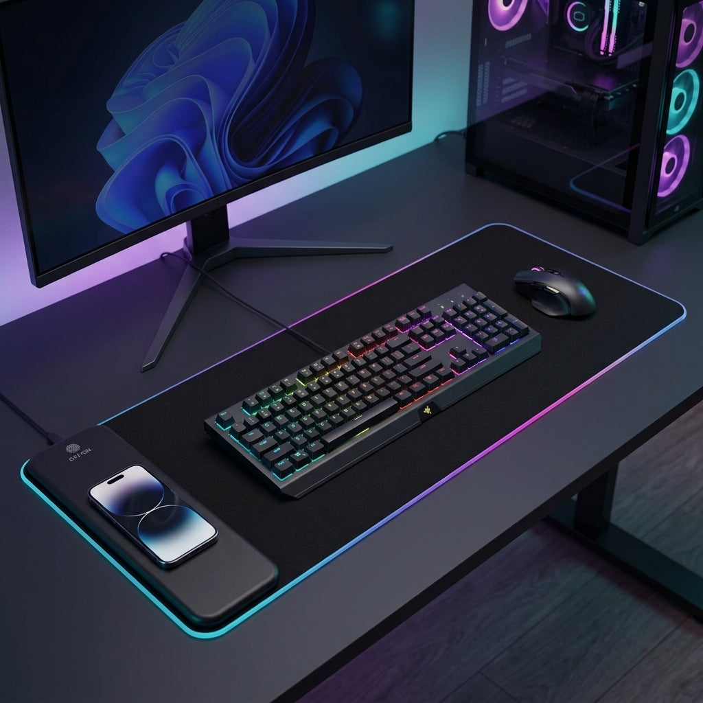 31.5 inch extended RGB mouse pad with iPhone charging on wireless pad Razer keyboard mouse and RGB gaming PC on dark desk