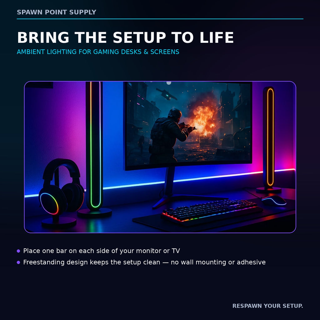 Vivitar RGBIC LED light bars placed beside a gaming monitor with ambient RGB lighting