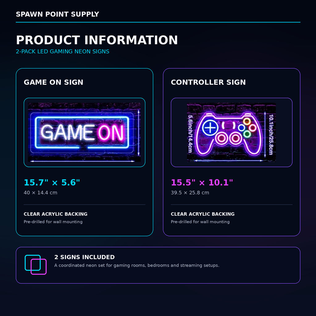 2-pack LED gaming neon sign product information showing Game On sign 15.7 by 5.6 inches and controller sign 15.5 by 10.1 inches with acrylic backing dimensions