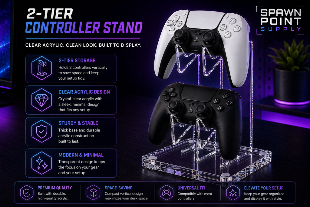 Clear acrylic 2-tier controller stand on wooden desk with gaming room decor showing 2-tier storage clear design and sturdy construction features