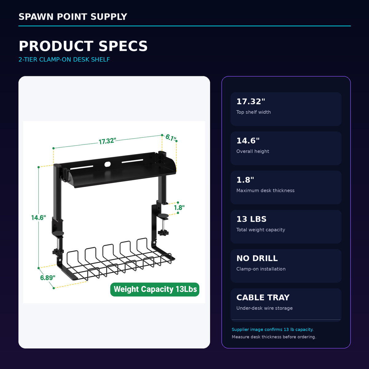 2-tier clamp-on desk shelf product specs showing 17.32 inch width 14.6 inch height 1.8 inch max desk thickness 13 lb capacity no-drill clamp installation and under-desk cable tray
