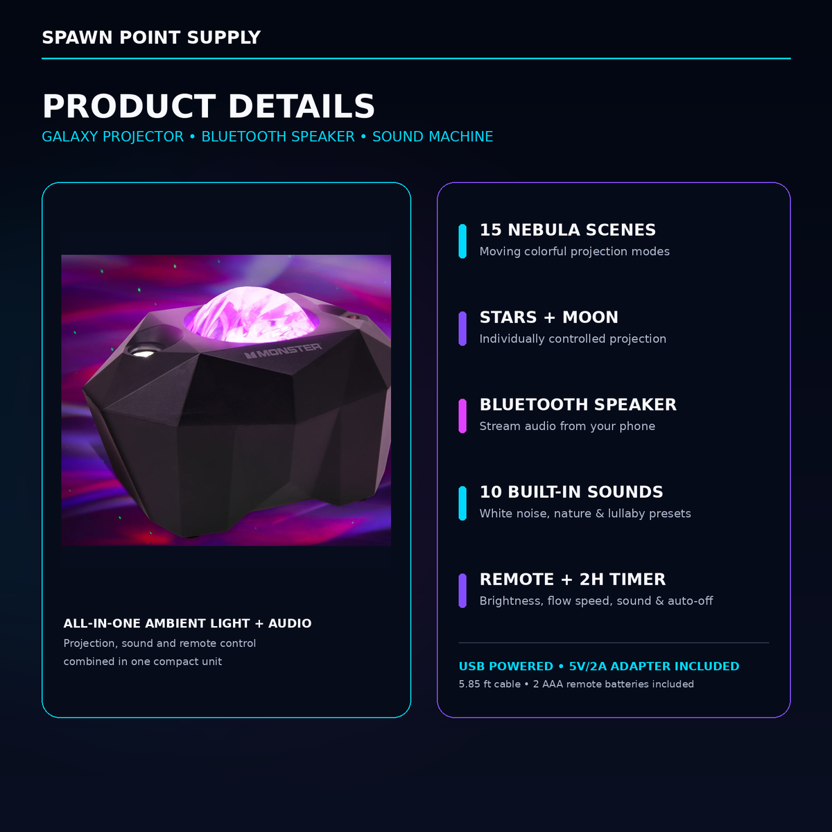 Galaxy projector product details featuring 15 nebula scenes Bluetooth speaker and 10 built-in sounds