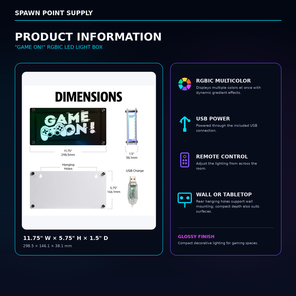Game On RGBIC LED light box product information showing dimensions 11.75 x 5.75 x 1.5 inches USB power remote control and wall or tabletop placement