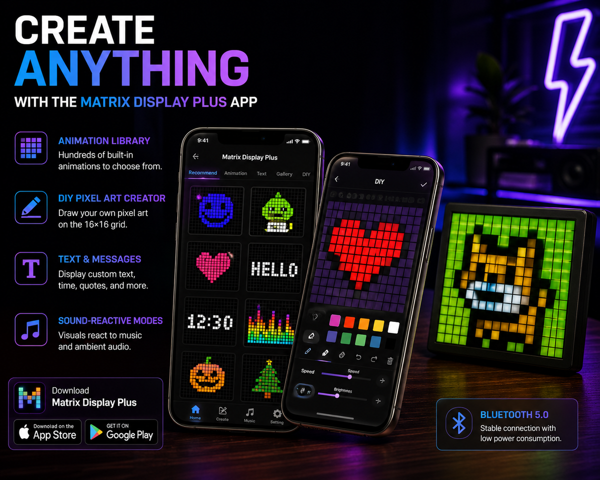 Matrix Display Plus app showing animation library DIY pixel art creator text and sound-reactive modes with Bluetooth 5.0 connection