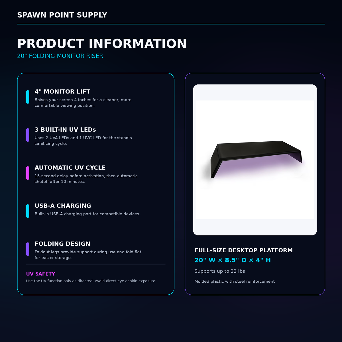 20-inch folding monitor riser product information showing 4-inch monitor lift 3 built-in UV LEDs USB-A charging folding design and dimensions 20 x 8.5 x 4 inches supporting 22 lbs