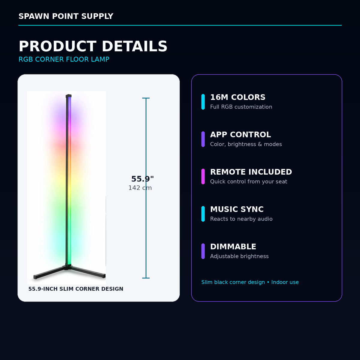 RGB corner floor lamp 55.9 inch product details dimensions and features