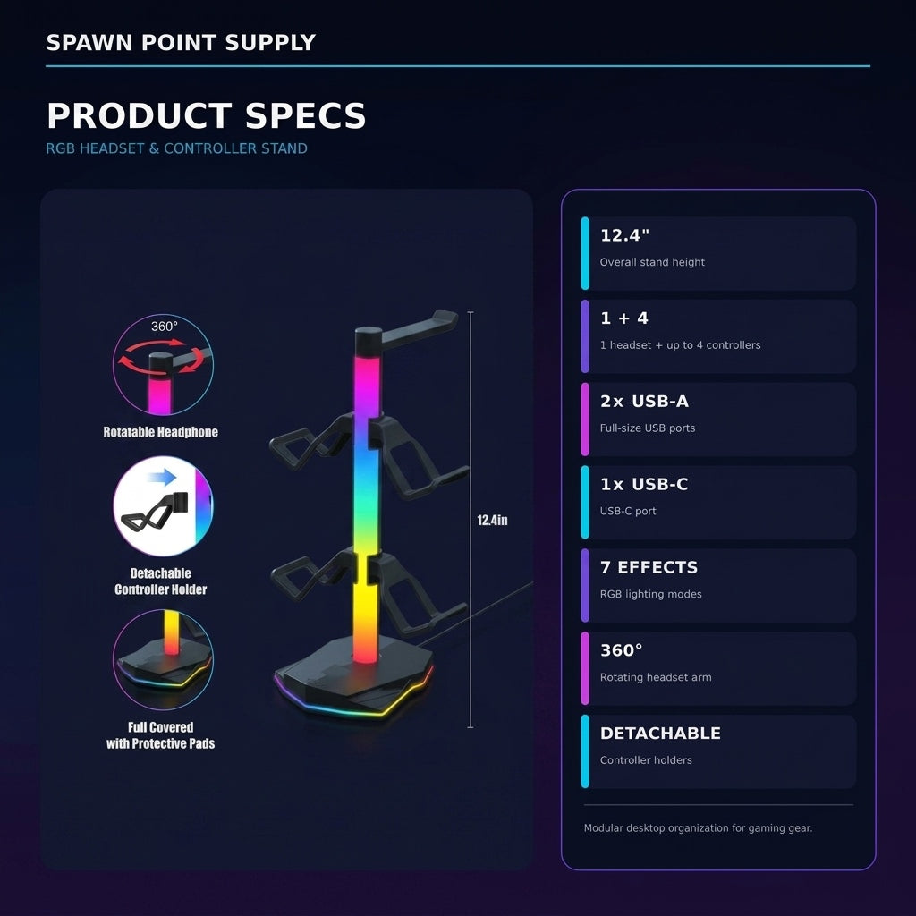 RGB headset controller stand product specs showing 12.4 inch height 1 headset plus 4 controllers 2x USB-A 1x USB-C 7 RGB effects 360 degree rotating arm and detachable controller holders