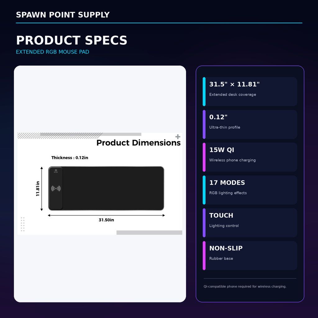 Extended RGB mouse pad product specs showing 31.5 by 11.81 inch size 0.12 inch thickness 15W Qi wireless charging 17 RGB modes touch lighting control and non-slip rubber base