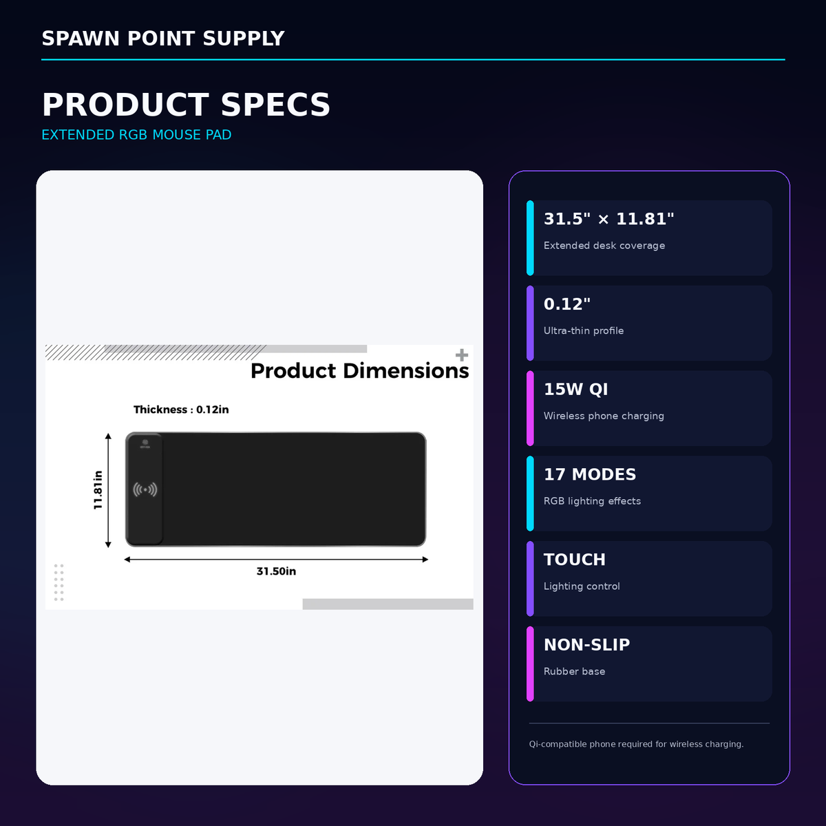 Extended RGB mouse pad product specs showing 31.5 by 11.81 inch size 0.12 inch thickness 15W Qi wireless charging 17 RGB modes touch lighting control and non-slip rubber base