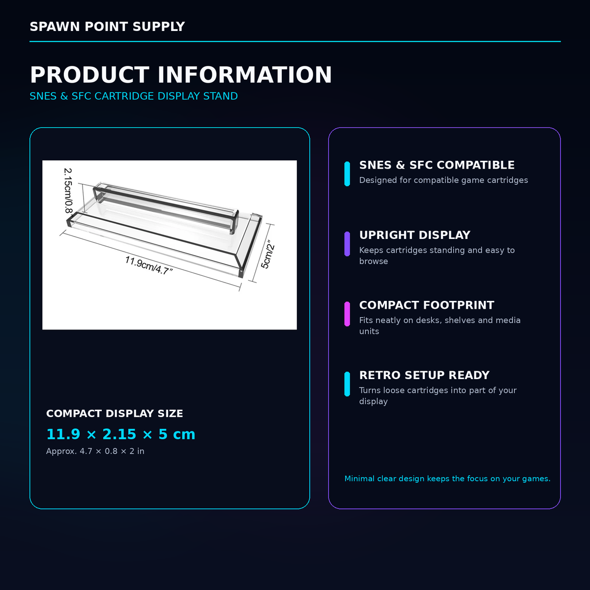 SNES and SFC cartridge display stand product dimensions 11.9 x 2.15 x 5 cm with feature list