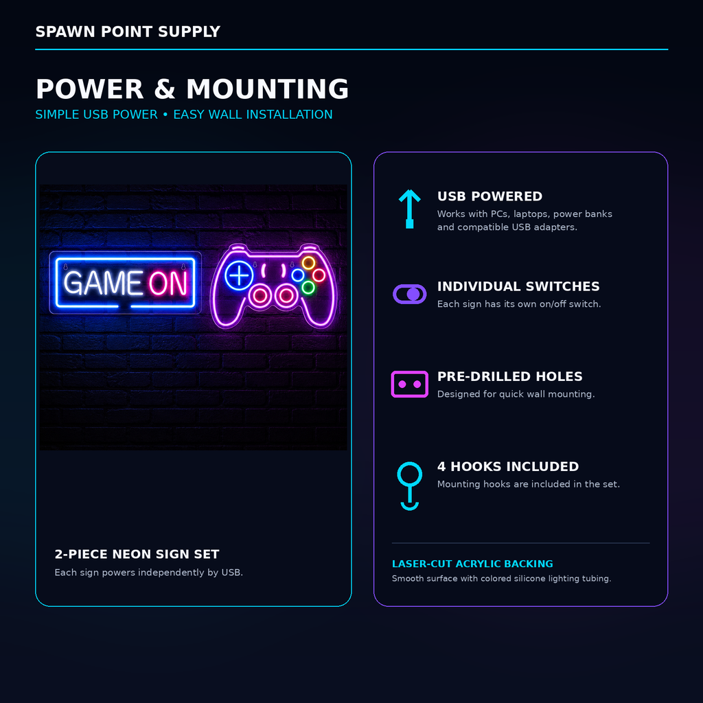 2-pack LED gaming neon signs USB power and wall mounting details including individual switches pre-drilled holes and 4 hooks included