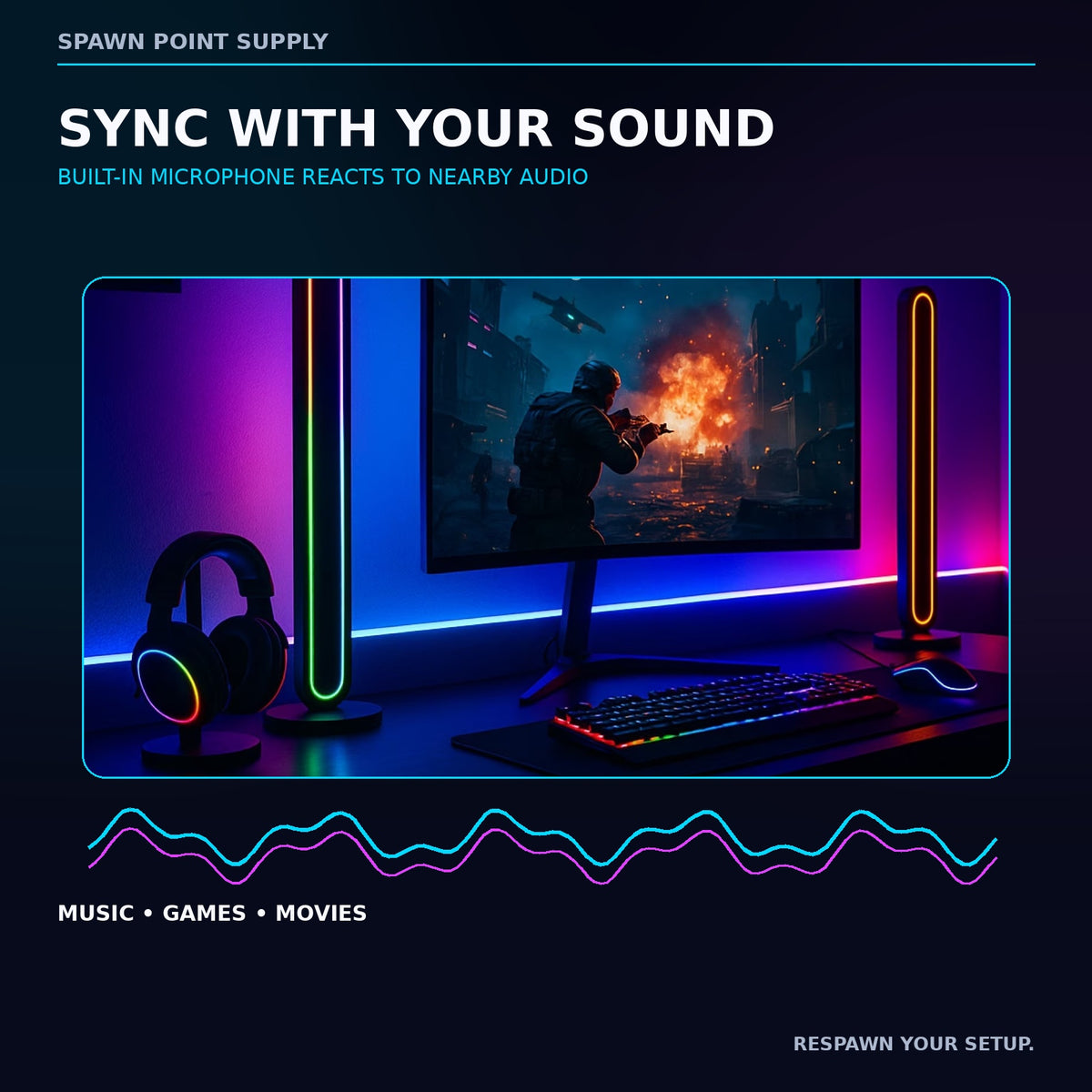 Sound-reactive RGBIC light bars syncing with gaming and entertainment audio
