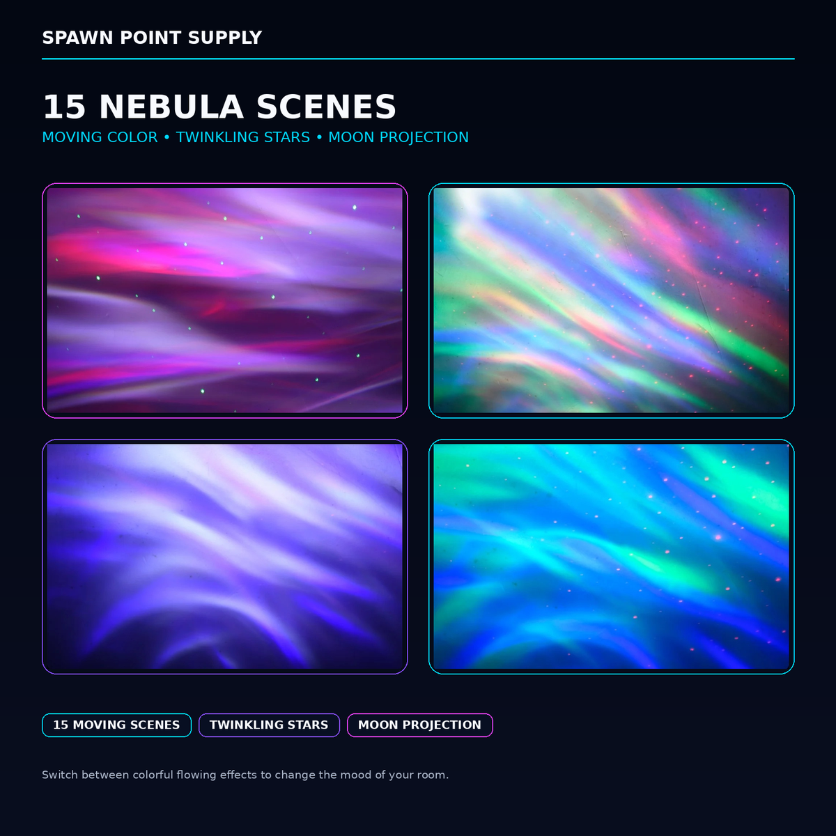 Galaxy projector showing 15 moving nebula scenes with twinkling stars and moon projection