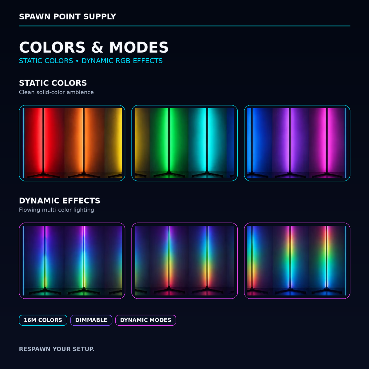 RGB corner floor lamp static colors and dynamic RGB lighting effects modes