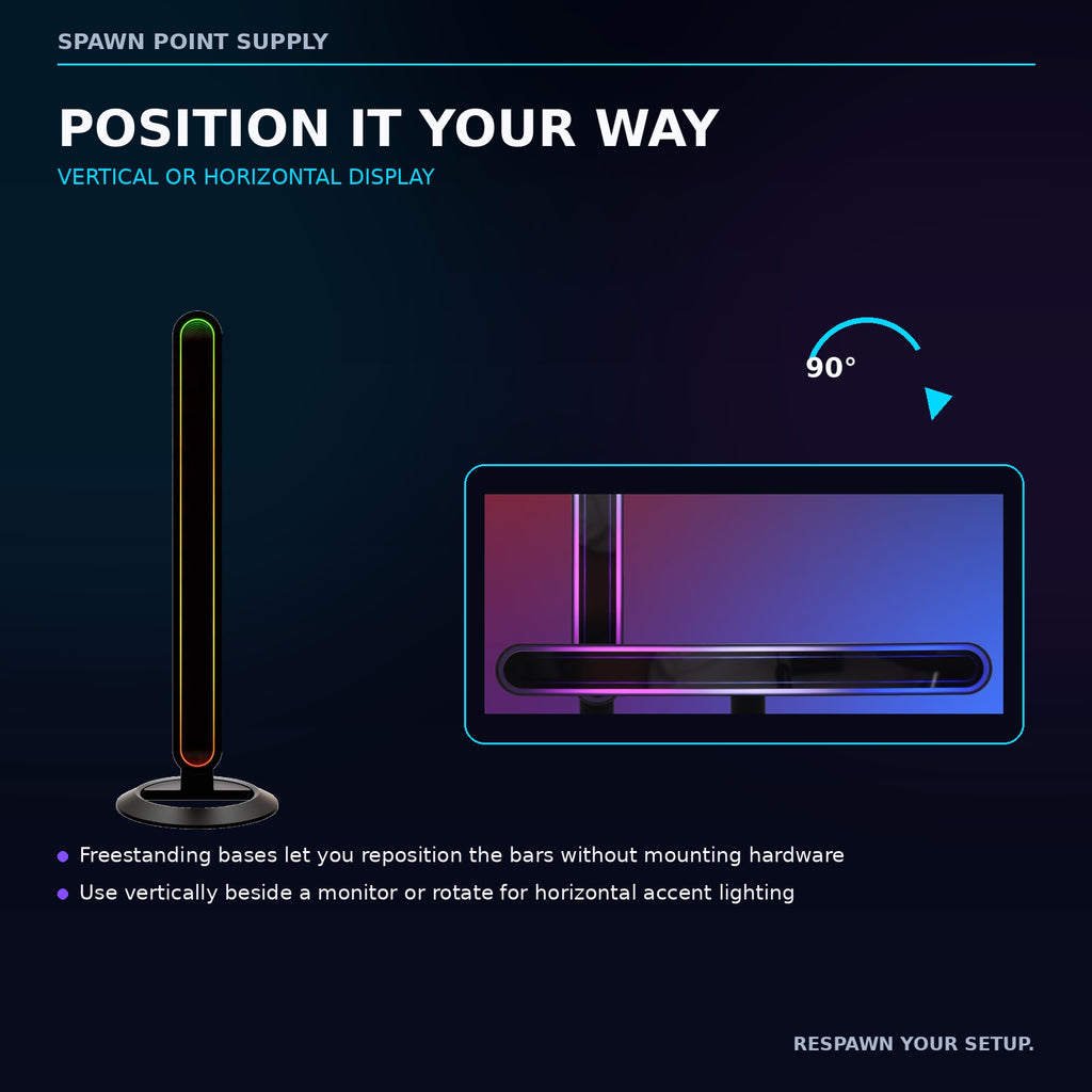 Vivitar RGBIC light bars shown in vertical and horizontal freestanding positions