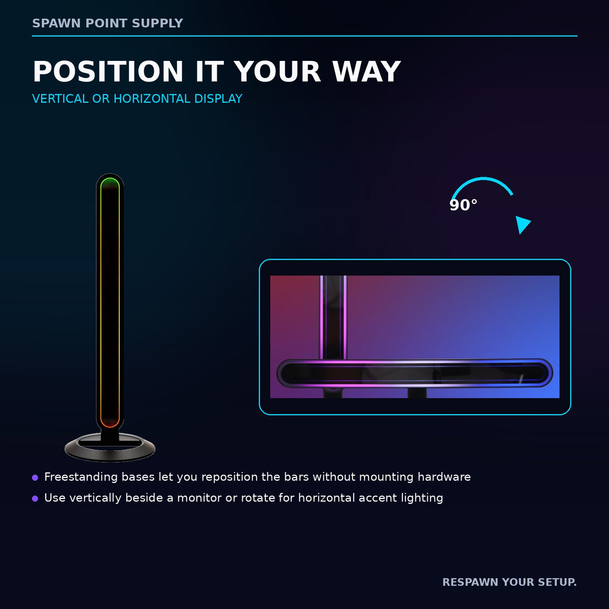 Vivitar RGBIC light bars shown in vertical and horizontal freestanding positions