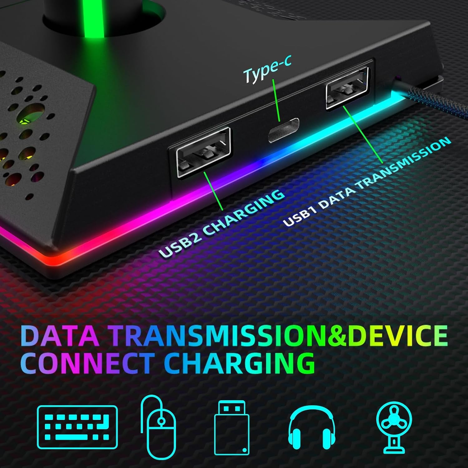 RGB Headset Stand with USB & USB-C Hub