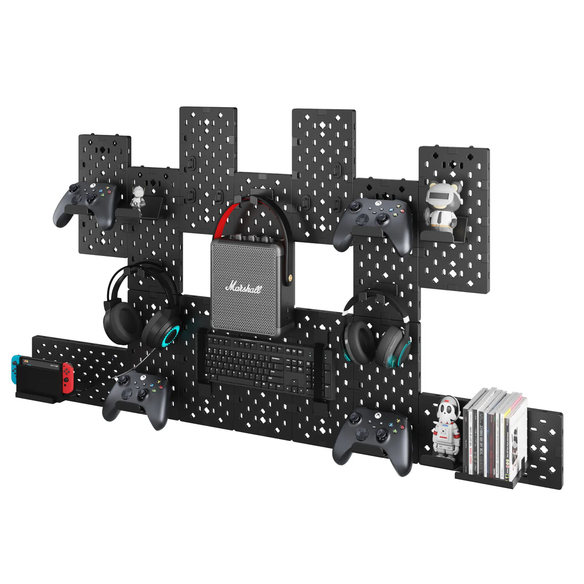 PEGZONE Customizable Modular Gaming Pegboard Wall Mount Set - 14 Black Desk Accessory Pcs with Adjustable Racks, Console Organizer, Controller Holders, Headphone Holders, Disc Shelf for Gamer Room Organization, Decor, Room Decor