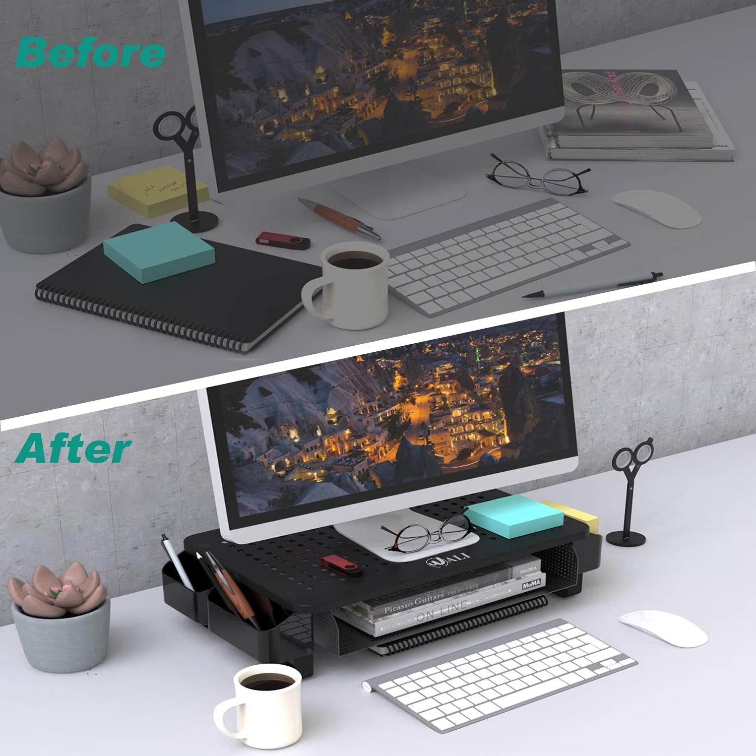 Monitor Riser with Pullout Storage Drawer
