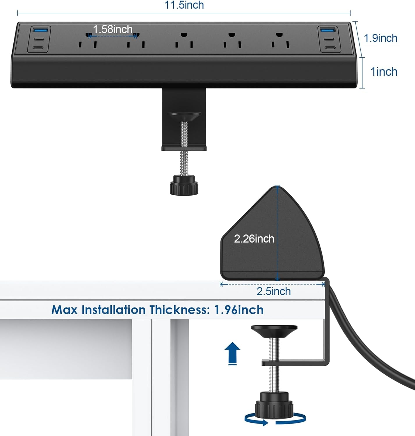 Clamp-On Desk Power Strip with USB-C