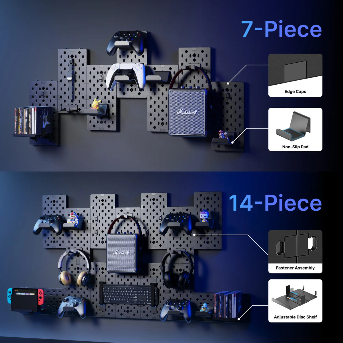 PEGZONE Customizable Modular Gaming Pegboard Wall Mount Set - 14 Black Desk Accessory Pcs with Adjustable Racks, Console Organizer, Controller Holders, Headphone Holders, Disc Shelf for Gamer Room Organization, Decor, Room Decor