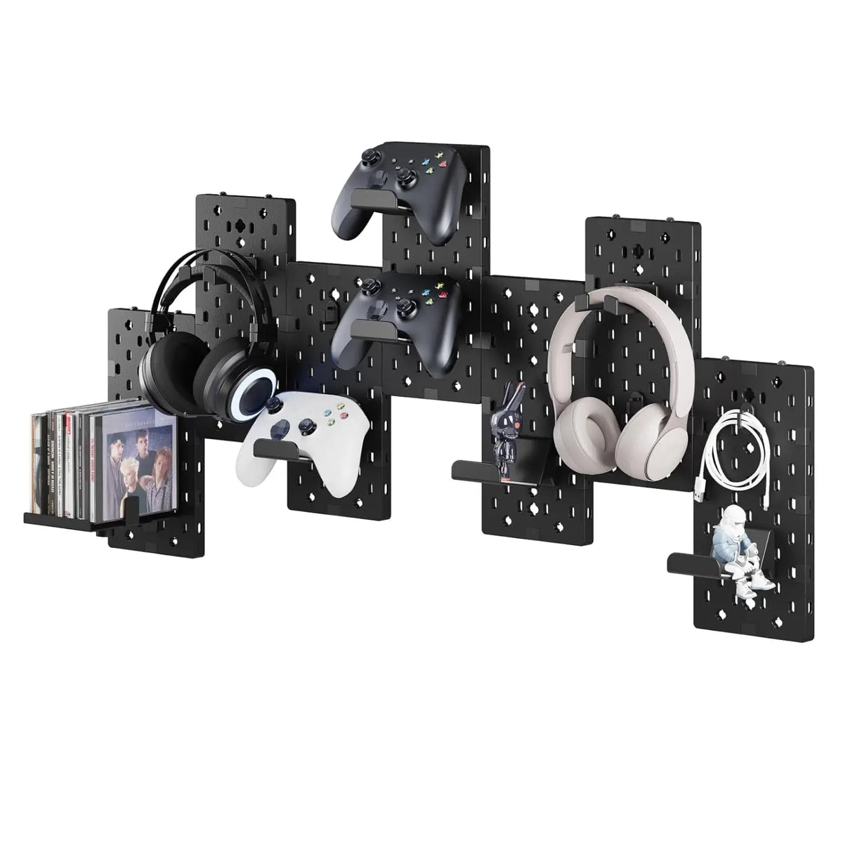 PEGZONE Customizable Modular Gaming Pegboard Wall Mount Set - 14 Black Desk Accessory Pcs with Adjustable Racks, Console Organizer, Controller Holders, Headphone Holders, Disc Shelf for Gamer Room Organization, Decor, Room Decor
