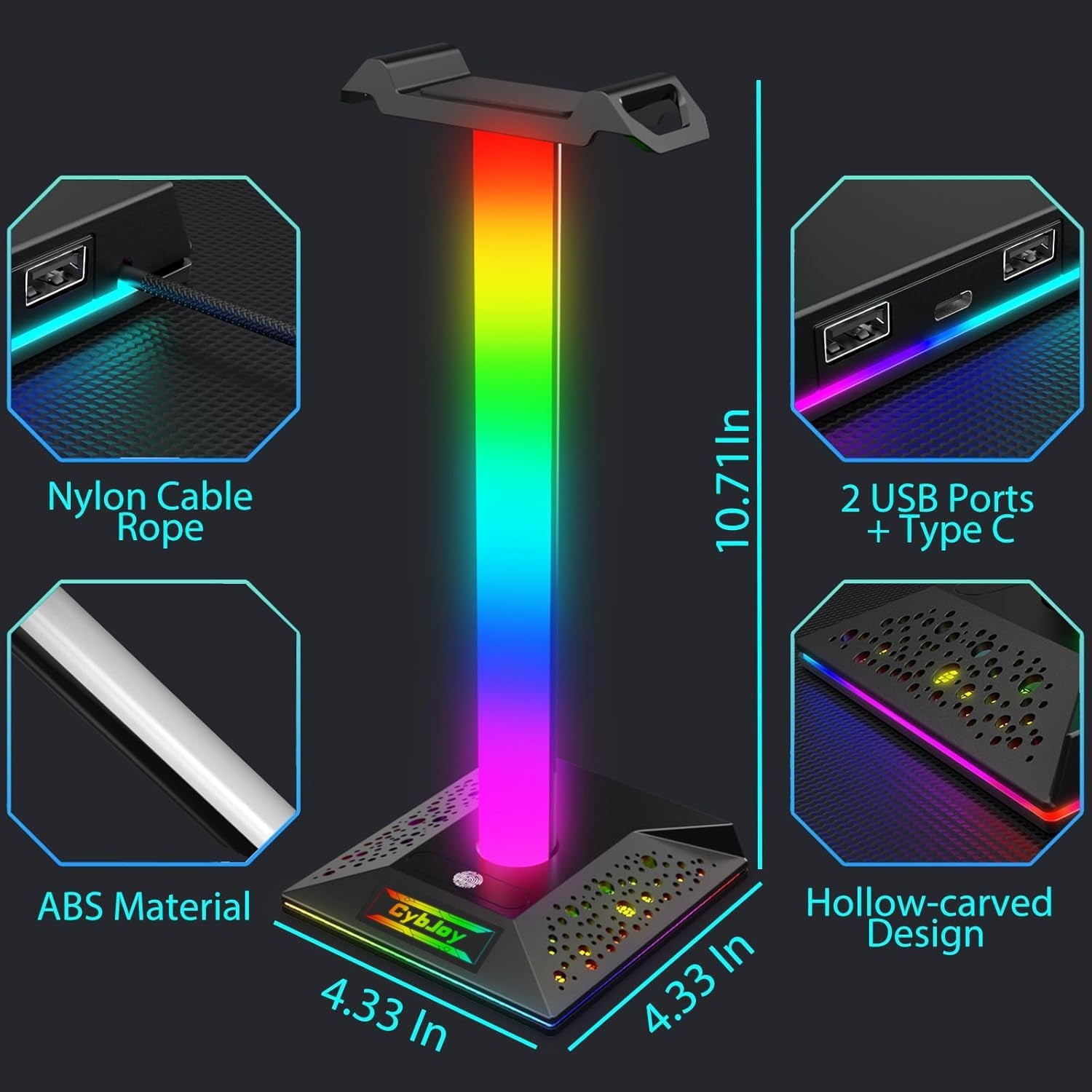 RGB Headset Stand with USB & USB-C Hub