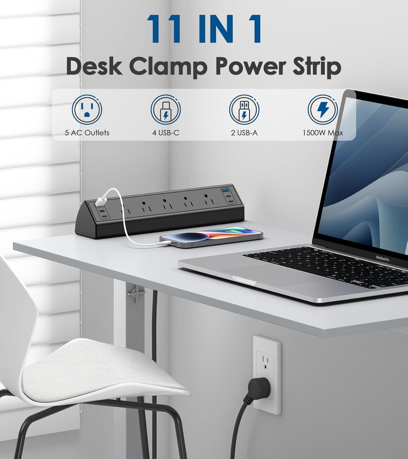 Clamp-On Desk Power Strip with USB-C